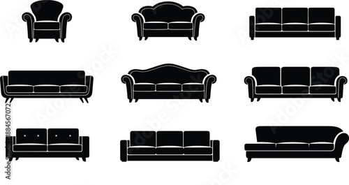 Sofa and couch silhouette illustration set featuring classic and modern furniture seating designs in solid black vector style