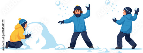 Three people playing with snowballs on a white background in winter