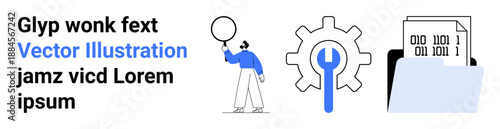 Person examining data folder, gear with wrench, magnifying glass symbolizing analysis, solutions. Ideal for teamwork, data management, optimization, engineering, troubleshooting IT services simple
