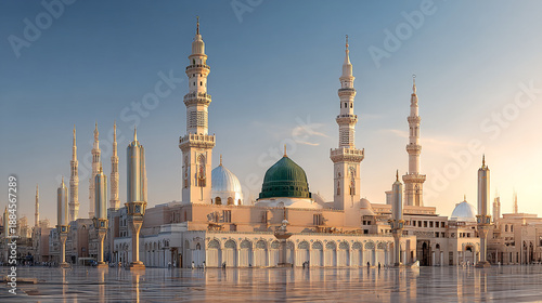 Al-Masjid an-Nabawi Mosque in Medina, Saudi Arabia, During Golden Hour