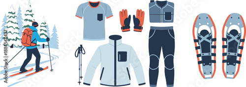Skiing equipment and clothing set including skis and snowboard gear on white
