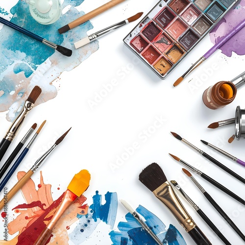 Creative abstract flat lay with art supplies (paints, brushes) arranged around blank area for text