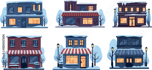Illustration of six colorful buildings with awnings and street lamps in winter