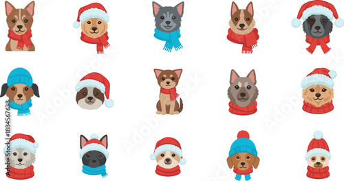 Festive holiday dogs and cats wearing santa hats and scarves on white background