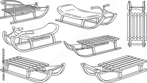 Various sled and sleigh designs in black and white isolated on white background