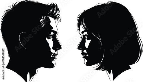 Romantic couple profile silhouette, man and woman looking at each other, hand drawn black and white vector illustration, lovers face to face