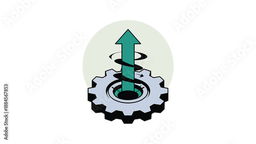 A vector graphic illustration of a gear with an upward arrow, symbolizing growth and progress in a modern design style.
