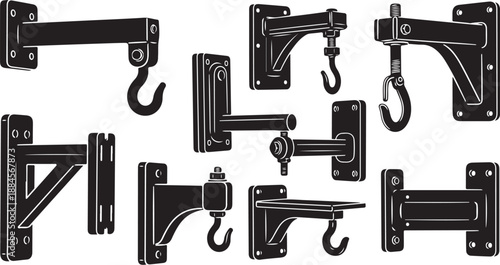 Collection of various metal hooks and brackets on white