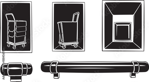 Set of luggage cart and handle illustrations in black