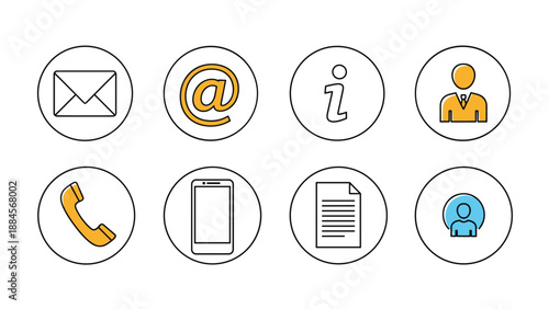 Collection of contact information icons including email, telephone, profile, and website symbols in circular frames with yellow accents.