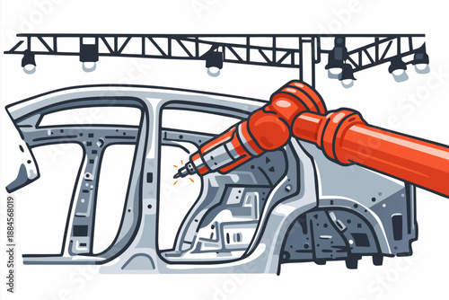Precision industrial robotic arm assembling car parts in a high tech manufacturing plant.
