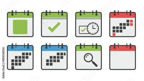 Diverse set of colored calendar icons featuring different symbols for tasks, schedules, searches, and empty dates.