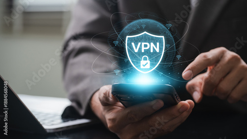 Fotografía Businessman activating VPN on smartphone with global digital network icon, showc