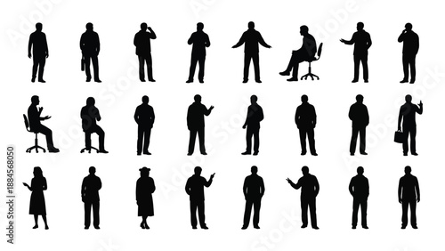 Silhouettes of people in various poses isolated on white background, Vector