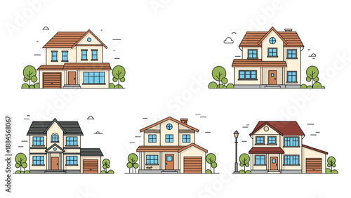 Collection of five different two-story suburban house designs in a clean line-art style featuring trees, clouds, and garages.