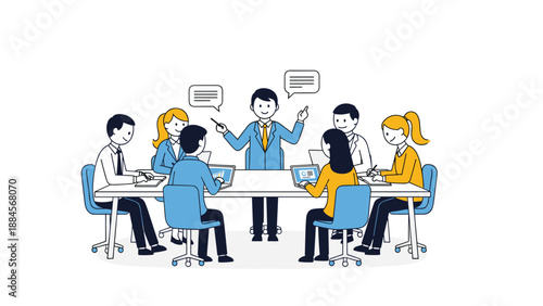 Corporate team meeting illustration with diverse employees seated around a table listening to a standing presenter with speech bubbles.