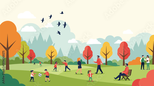 Colorful flat illustration of a bustling public park with people walking, children playing soccer, and someone relaxing on a bench.