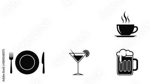 Set of black and white icons representing food and drink with a plate and cutlery, coffee cup, cocktail, and beer mug.