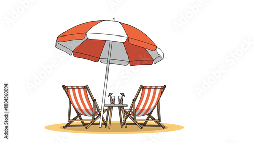 Relaxing beach vacation scene featuring two red and white striped lounge chairs and tropical drinks under a large sun umbrella on golden sand.
