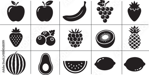 Solid style black vector set of 15 fruit icons for healthy food concepts and nutrition design graphics.eps