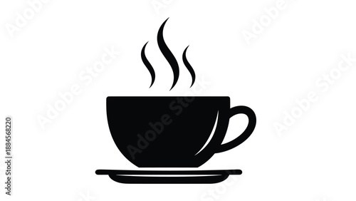 Simple black icon of a hot coffee cup on a saucer with rising steam representing a morning drink or a break.