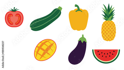 Colorful flat illustration of various fresh fruits and vegetables including tomato, pineapple, mango, and eggplant.