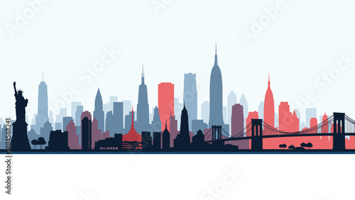 Panoramic silhouette of the New York City skyline featuring the Statue of Liberty and major iconic skyscrapers.
