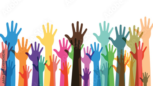 Diverse group of colorful raised hands representing unity, community, cooperation, and multicultural inclusion.