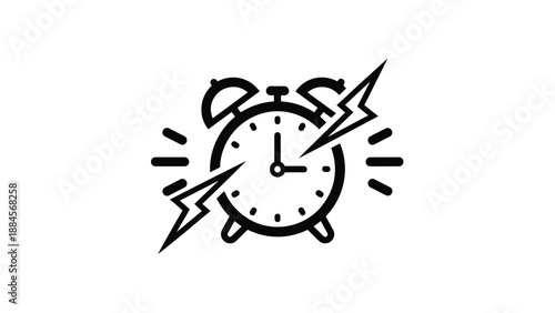 Black alarm clock icon with vibration or lightning marks indicating a loud ringing sound or a wake-up call.