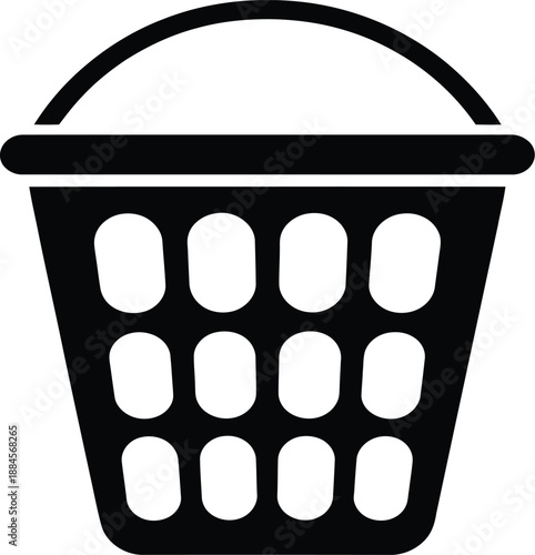 Monochrome Vector Illustration of Laundry Basket Depicted in Minimalist Line Art Featuring Rounded Top Handle and Grid-Like Ventilation Pattern to Represent Household Chores, Washing, and Domestic 