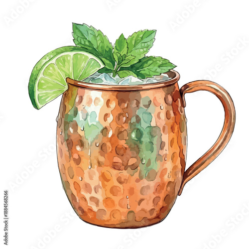 Watercolor moscow mule cocktail in copper mug with lime and mint, vodka drink illustration, isolated vector on white background