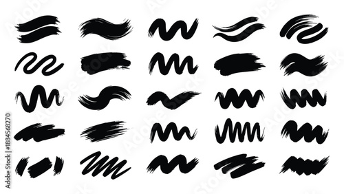 Comprehensive set of black paint brush strokes and ink textures in various wavy and straight shapes for design.