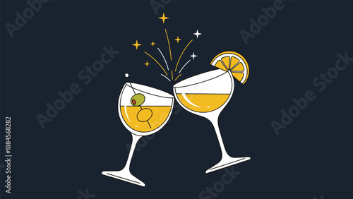 Two clinking cocktail glasses with an olive and orange slice garnish set against a dark blue celebratory background.