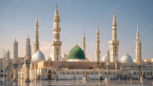 Al-Masjid an-Nabawi Mosque in Medina, Saudi Arabia, at Sunrise