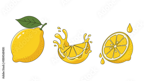 Refreshing illustration of a whole lemon with a green leaf paired with juice splashes and sliced citrus fruit for food and beverage branding projects.
