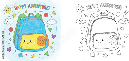Kawaii School Backpack with Cute Faces Sun and Stars Coloring Book Page and Colored Version for Kids Education Back to School Happy Adventure Doodle Vector Illustration