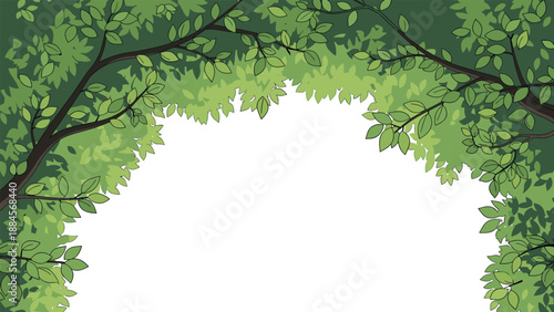 Natural border made of lush green tree branches and leaves framing a central white space for titles and text in environmental or park themes.