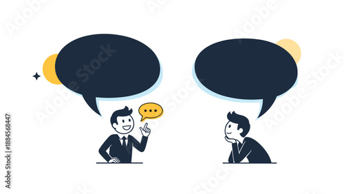 Stylized illustration of two businessmen engaged in a conversation with large empty speech bubbles for customized dialogue in a corporate context.