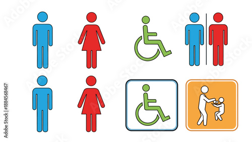 Comprehensive set of public facility icons including restroom signs accessibility markers for elderly and disabled and childcare service symbols.