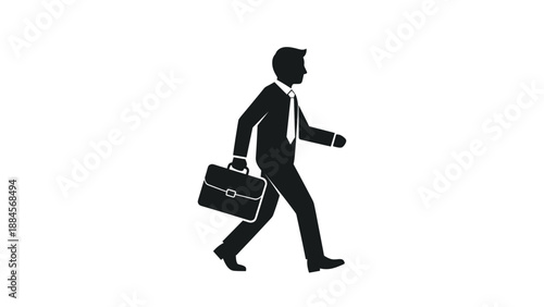 Solid black silhouette of a professional businessman walking with a briefcase showing movement and purpose for career and business success concepts.