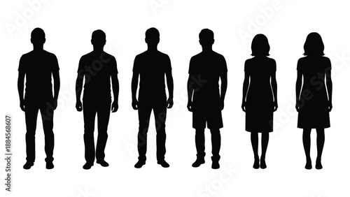 Silhouettes of six people isolated on white background, Vector