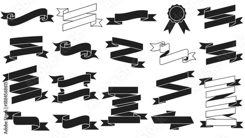 Comprehensive collection of diverse ribbon banner styles including curled, folded, and straight designs in solid black and outlined formats.