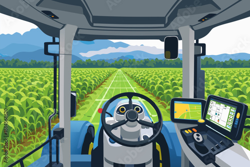 Autonomous blue tractor working alone in a vast green agricultural field during the day.