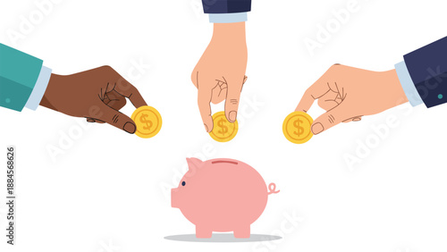 Three hands from different backgrounds putting gold coins into a pink piggy bank to represent savings, investment, and diversity.
