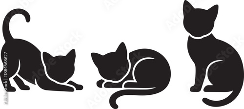3 Cute Kitten Silhouettes in Different Poses – Playful Flat Cat Icons, Minimal Vector Icons
