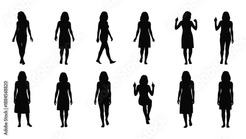 Silhouettes of women in various poses isolated on white background, Vector