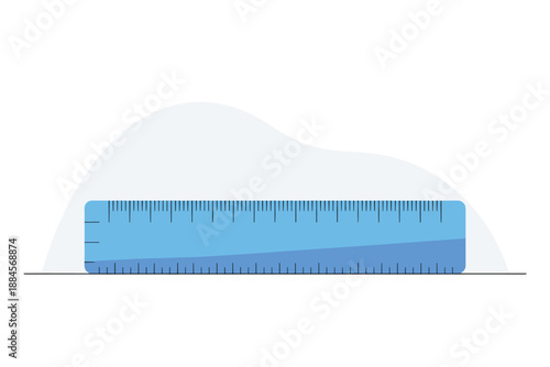 A blue ruler with black markings on a white background and a gray shadow