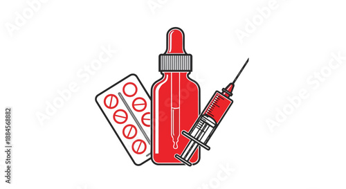 Medical supplies including a syringe, pills, and a dropper bottle