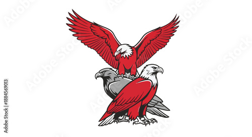 Colorful illustration of red and gray eagles in a group formation together