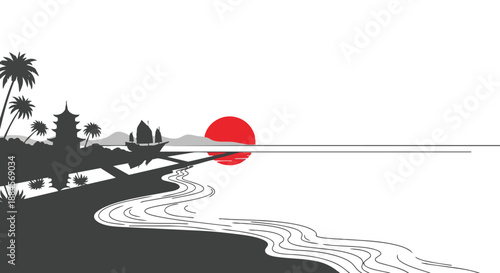 Vector illustration of a serene tropical sunset by the ocean with palm trees